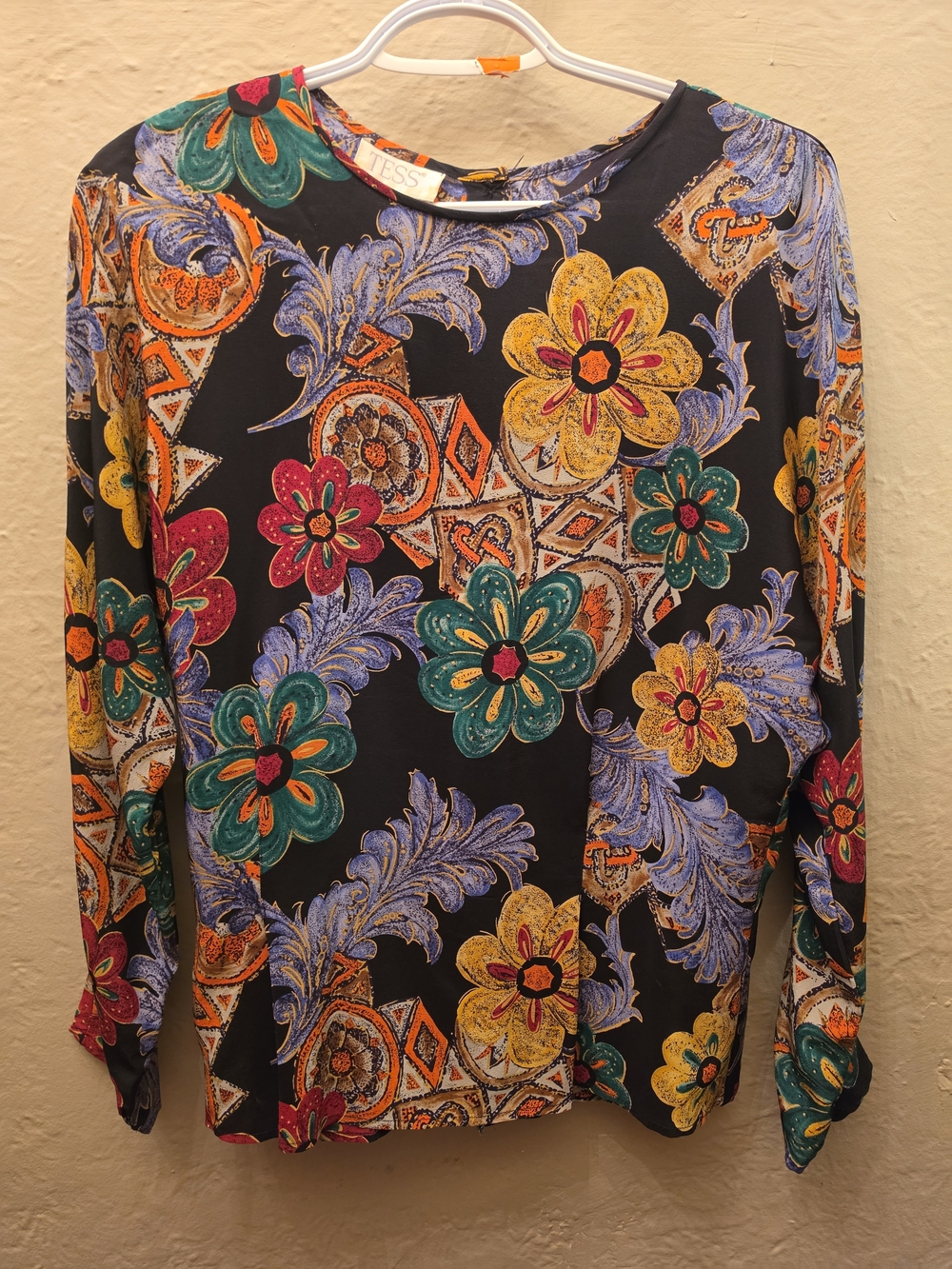 Vintage 90s 100% Silk Floral Baroque Print Blouse TESS Colorful Boho Top